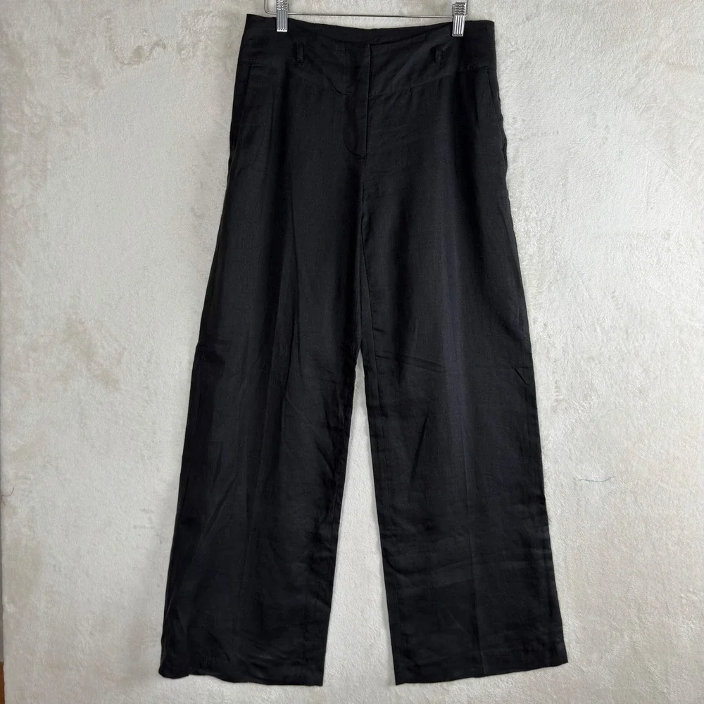 H&M Women Black 100% Linen Wide Leg Trousers Pants Size 8 Minimalist Summer